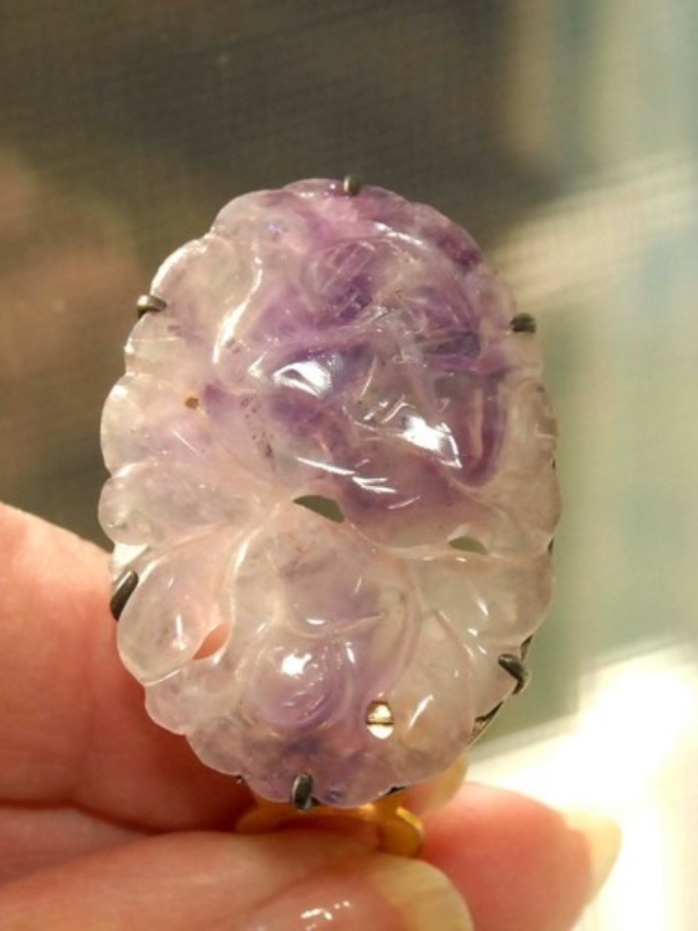 Vintage Carved Flower Purple Jadeite Sterling Fur Clip